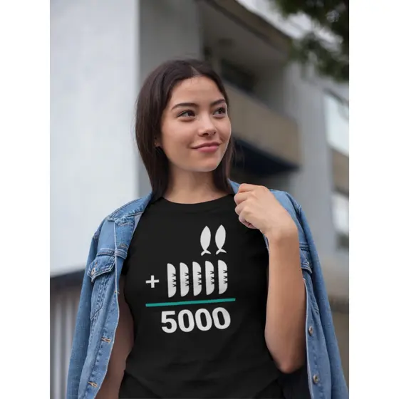 Camiseta 5 pães e 2 peixes Unissex Yeshua Jesus Cristã Conferência Igreja 100% Algodão Alta Qualidade Plus Size
