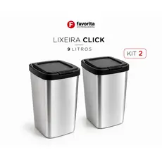 Kit 2 Lixeiras Práticas 9 Litros Prata Com Tampa Click Label Inox- Para Escritório, Cozinha, Banheiro e Etc - TOY 25462