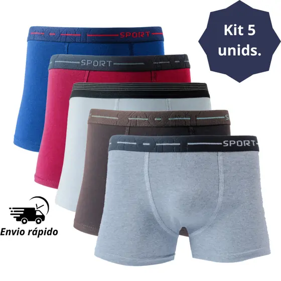 Kit 5 Cueca Masculina Algodão (Algodão+elastano) Box Boxer Adulto diversas cores