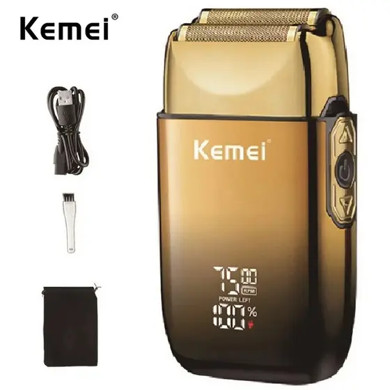 Barbeador Elétrico Kemei Barbeadores De Cabeça Careca Lâmina De Barbear Display LCD Sem Fio USB Aparador De Barba Recarregável