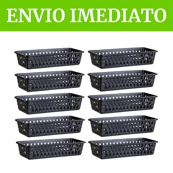 KIT CESTO ORGANIZADOR MULTIUSO RETANGULAR PRETO - LAVANDERIA BANHEIRO GAVETA PRATELEIRA