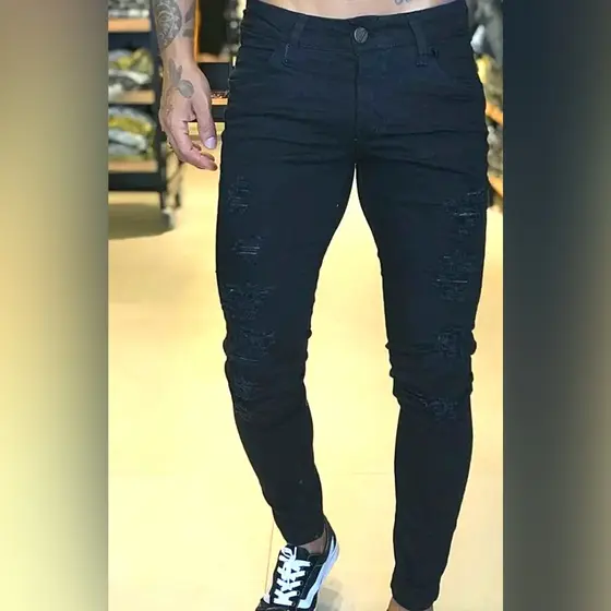 Calça Preta Masculina Jeans Rasgada Skinny