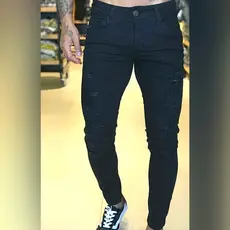 Calça Preta Masculina Jeans Rasgada Skinny