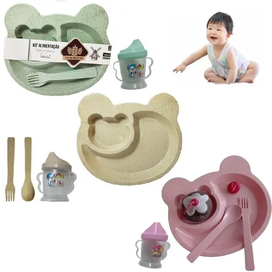 Kit Refeição Infantil 4 Peças Com Prato Talheres Copo 160ml
