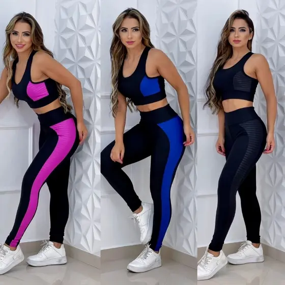 Conjunto Fitness Cal莽a Legging Suplex C贸s Alto + Top com Bojo - Roupa de Academia Feminina