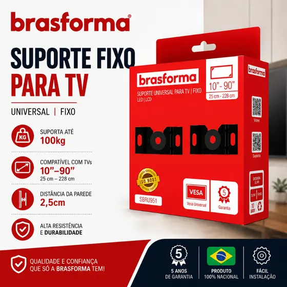Suporte Reforçado Universal Fixo para TV LCD LED Smart 4K Monitor Painel Parede Brasforma 10 20 32 43 55 60 65 75 85 90