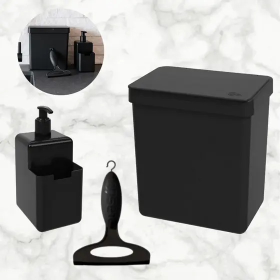 Kit 3 Peças Lixeira + Dispenser e Rodinho Pia de Cozinha Organização Esconde Sacola Bucha Detergente