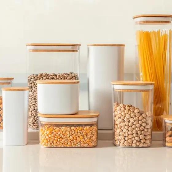 Pote Hermético C/ Tampa de Bambu Organizador Mantimentos Natural Branco Despensa Cozinha Keep OU