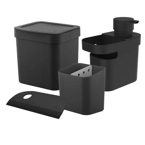 Kit Lixeira De Pia Cozinha Dispenser Organizador 650Ml Rodo Pia Escorredor Talheres 4 Peças