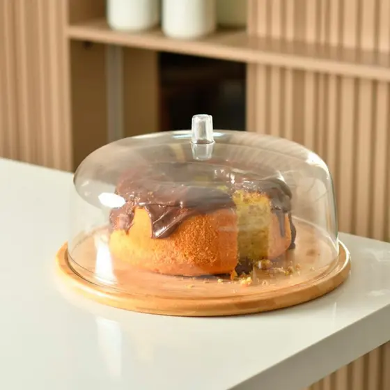 Porta Bolo Boleira Bambu 27,5cm C/ Tampa Cúpula Cozinha Mesa Posta Organização - OU