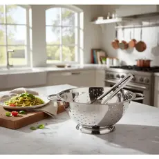 Escorredor De Macarrão Com Pegador Inox 2 Peças Espaguete Resistente Massa-Brinox