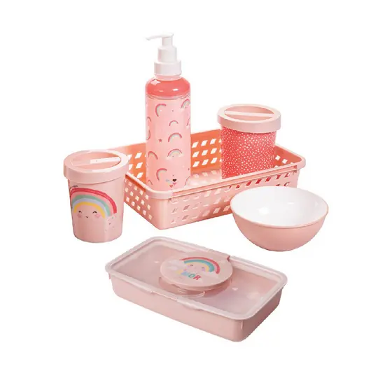 Kit Higiene Infantil 6 Peças Porta Lenço Umedecido Cotonete Cesto Bebê Prático Uso Diário Viagem
