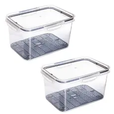 Kit 2 Potes Herméticos Trava Mais Retangular 4 Litros Com Escorredor Saladas Frutas Legumes
