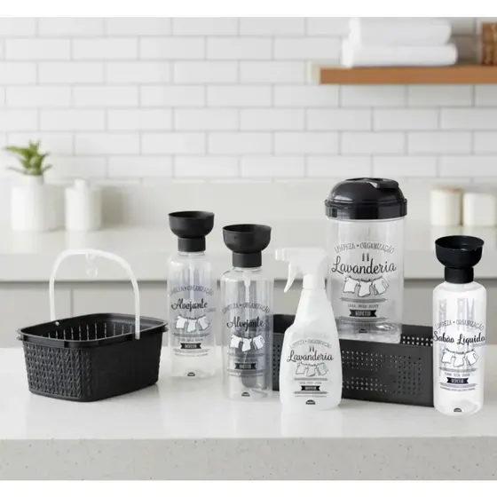 Kit Para Lavanderia Porta Sabão Em Pó Sabão Líquido Amaciante Cesto Flow Borrifador