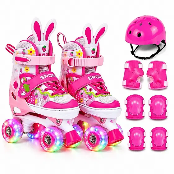 Patins Infantil Moranguinho 4 Rodas Regulável com luz de LED Com e Sem Kit de Segurança