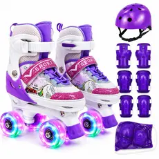 Patins Infantil Unicórnio Roxo 4 Rodas Regulável com luz de LED Com e Sem Kit de Segurança