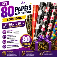 Papel Presente 60x50 Kit 80 Folhas Sortidas Embalagem Colorida Folha Grande Estampas