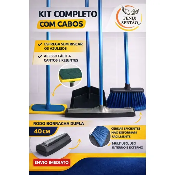 KIT LIMPEZA FENIX SERTÃO COMPLETO COM CABO 🔥 Vassoura Rodo Pá + Esfregão | Qualidade Premium