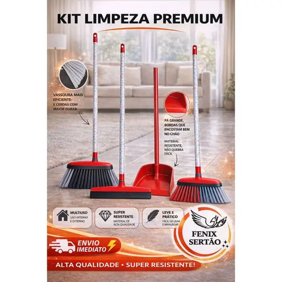 Kit Limpeza Premium 4 Peças com Cabo – 2 Vassouras + Rodo Duplo + Pá | Alta Qualidade