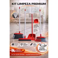 Kit Limpeza Premium 4 Peças com Cabo – 2 Vassouras + Rodo Duplo + Pá | Alta Qualidade