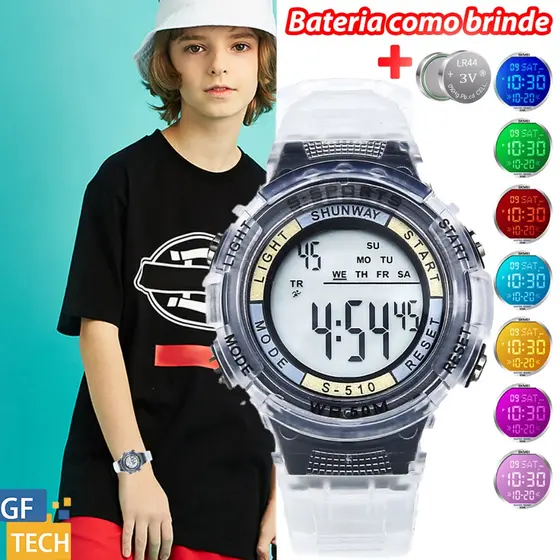 Relógio Digital Infantil À Prova d’Água Com Led Despertador Cronômetro E Pulseira Transparente