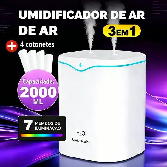 2 L Grande Umidificador De Ar Aromatizador Com 2 Saídas De Ar E LED Multifuncional
