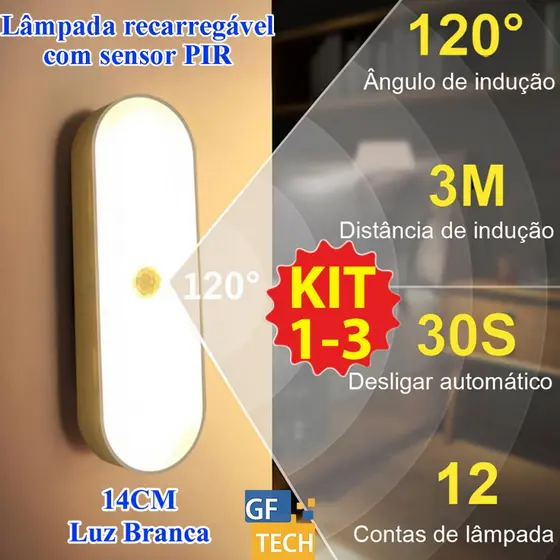 Lâmpada Com Sensor De Presença E Movimento Luz Branca Inteligente Sem Fio Recarregável Para Quarto