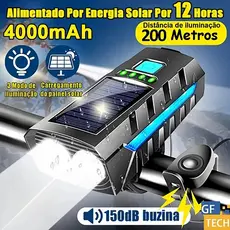 Lanterna Bike Solar Com Buzina E Power Bank 12H Recarregável À Prova D'Água Farol Para Bicicleta