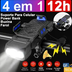 Kit Lanterna Bike Com Buzina 4 Em 1 Multifuncional 12 Horas À Prova D'Água Recarregável