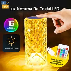 Luminária De Mesa Cristal Diamante Com Controle Remoto E Toque 16 Cores Recarregável Para Quarto