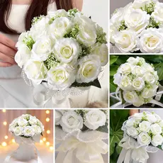 Buquê De Noiva 11 Rosas Brancas Artificial Estilo Boêmio Para Casamento Ao Ar Livre Decoração Casamento