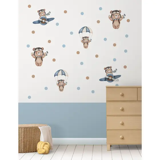 Kit Adesivo de Parede Ursinho Aviador Aquarela + Bolinhas - Papel de Parede Infantil Adesivo de Parede Infantil