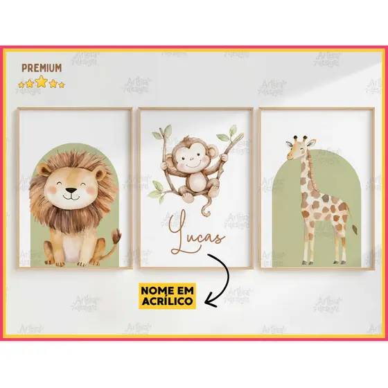 Quadro Decorativo 3 peças Animais Safari Baby Selva Folhas Quarto Infantil Menino - NOME EM ACRÍLICO