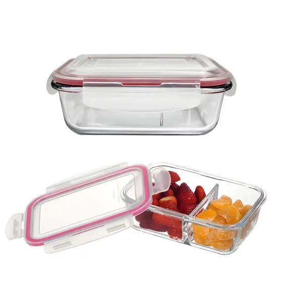Pote de Vidro 2 Divisórias 930ml Hermético Marmita Fit Quadrada Com Trava