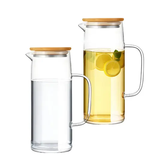 Jarra De Borossilicato Com Tampa De Bambu Vidro Agua Suco 1L