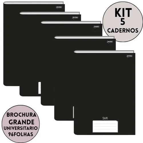 5 Cadernos Grande 96 Folhas Caderno Brochura Universitário Preto Stiff JANDAIA Kit Escolar Caderno Grande Universitario