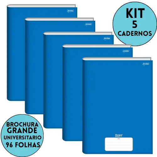 5 Cadernos Grande 96 Folhas Caderno Brochura Universitário Azul Stiff JANDAIA Kit Caderno Stiff Grande Kit Escolar