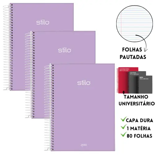 Kit 3 Cadernos Universitário Lilas Pastel Espiral 1mt 80 Fls Stilo JANDAIA Caderno Lilas Kit Escolar Caderno GrandeKit 3