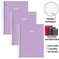 Kit 3 Cadernos Universitário Lilas Pastel Espiral 1mt 80 Fls Stilo JANDAIA Caderno Lilas Kit Escolar Caderno GrandeKit 3