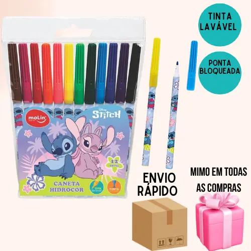 Canetinha de Cor 12 Cores Lápis de Cor Stitch Material Escola Stitch Papelaria Fofa Canetinha Hidrocor