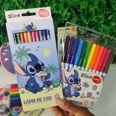 Kit Escola Stitch Lapis  e Canetinha Stitch Lapis de Cor Stitch Caneta Stitch Pintar Colorir Pintura Desenhar