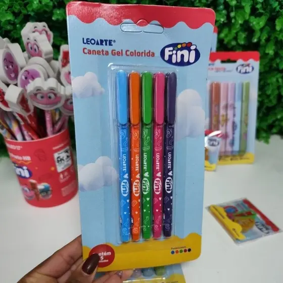 Kit 5 Caneta Gel FINI LEOLEO Caneta Colorida Kit Escolar Material Escolar Volta as Aulas Kit Escolar Fini