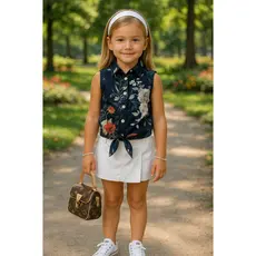 Camisa Social Sem Manga Preta Floral Feminina Infantil