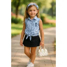 Camisa Social Sem Manga Azul Floral Feminina Infantil