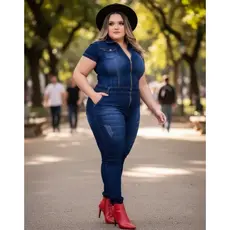 Macacão Longo Jeans Feminino Plus Size Manga Curta Laycra