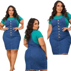 Jardineira Saia Plus Size Moda Evangélica Jeans Feminino