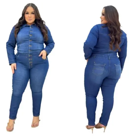 Macacão Manga Longa Jeans Feminino Plus Size Inverno