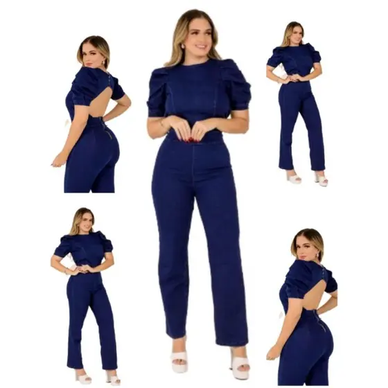 Macacão Flare Jeans Feminino Manga Bufante Liso Lycra