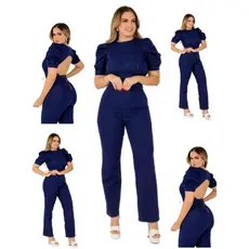 Macacão Flare Jeans Feminino Manga Bufante Liso Lycra