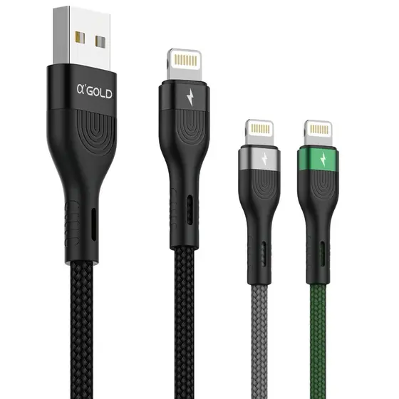 Cabo USB iPhone 1M Turbo 5A α Gold Trançado Tecido Reforçado Carga Rápida Dados